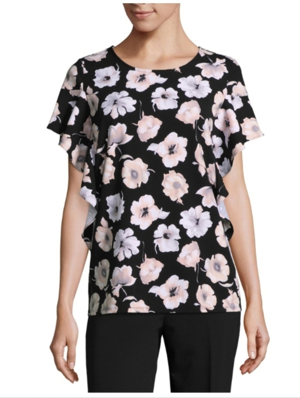 Worthington Blouse Black Pink Floral Ruffle Sleeve Stretch Keyhole Top XS
